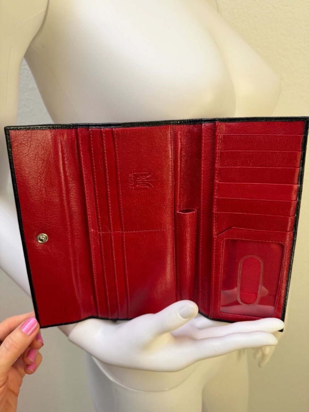 Tusk Black Leather Trifold Wallet Red Interior